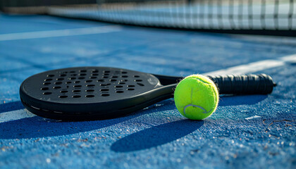 Product photography of a padel and ball placed on an outdoor court background