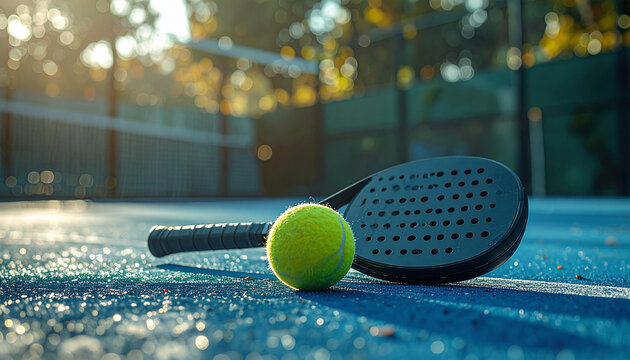 Product photography of a padel and ball placed on an outdoor court background