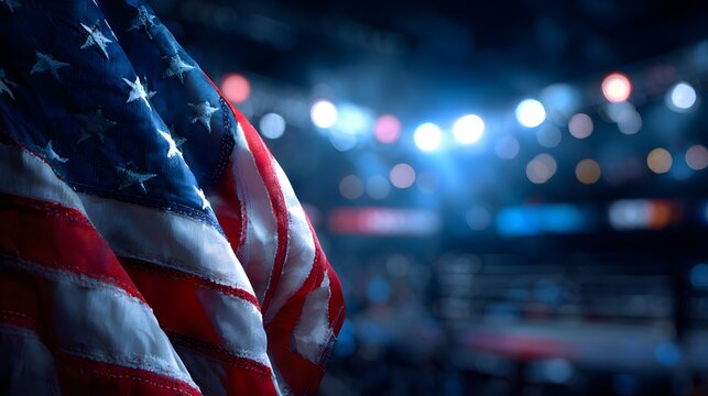 The American flag prominently displays its patriotic colors, with stars and stripes in the foreground, while a blurred arena with bright lights forms a captivating backdrop, creating a sense of...