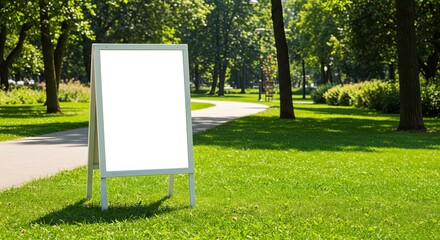 Blank A-frame sign on lush green grass in a park setting with pathway