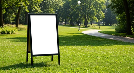 Blank A-frame sign on grassy park, advertising opportunity, sunny ambiance