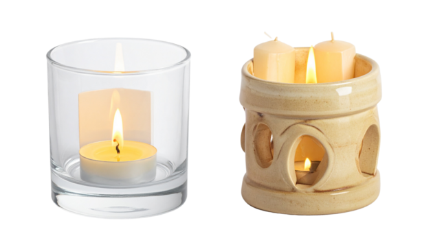 Elegant candles in holders bundle with two variations isolated on transparent background