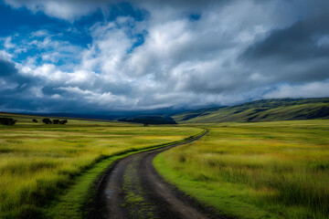 Fototapeta premium a dirt road in a grassy field with a cloudy sky