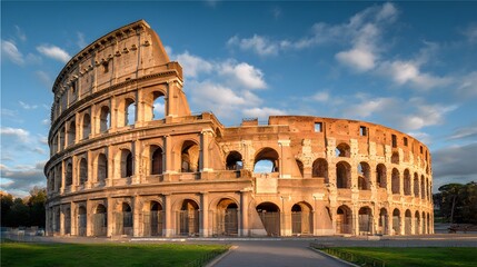 Ancient stone structure showcases the grandeur of architectural design with a wide angle perspective, capturing the weathered textures and intricate arches against a bright blue sky with soft clouds