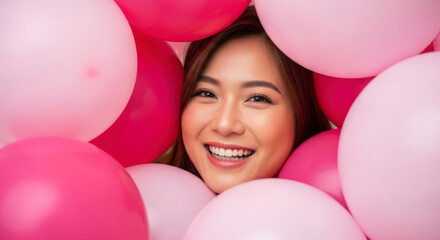 Obraz premium Joyful Young Woman Surrounded by Pink Balloons Celebrating a Happy Moment
