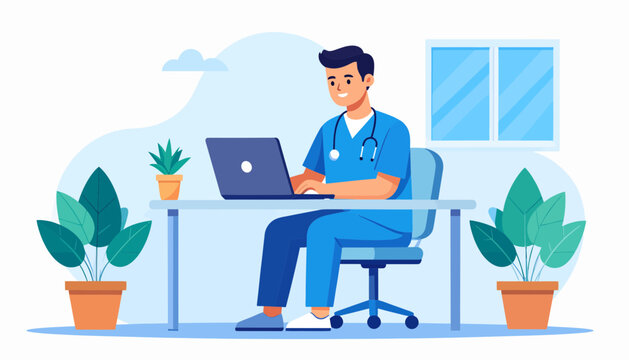 Dedicated doctor types on laptop, providing telehealth services with plants in room, offering virtual healthcare solutions and online consultations for patients