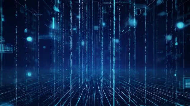 A futuristic blue digital abstract. Lines of code and glowing orbs create a dynamic visual landscape