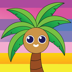 Vector art of cute cartoon palm tree with a happy face and colorful background