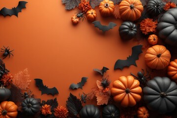 Pumpkin parade: a festive display of halloween spirit and creativity. Luxury apparel. Halloween card with party decor: pumpkins, bats, spiders, ghosts on orange. Sophisticated pose.