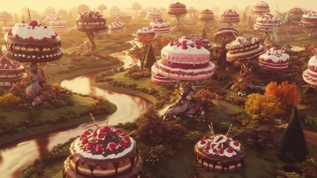 Fantasy landscape of giant decorated cakes with river flowing through