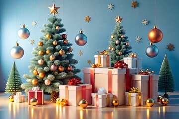 Festive christmas trees decorated with ornaments and lights, surrounded by beautifully wrapped gift boxes, creating a warm and inviting holiday scene