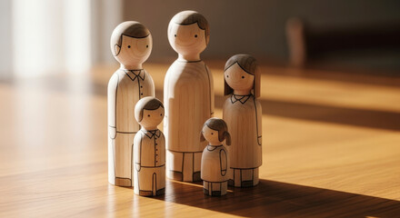 Wooden Family Figurines Standing Together on Table in Sunlight