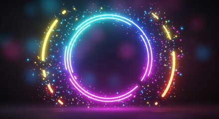 Vibrant neon circle with glowing particles for modern futuristic design
