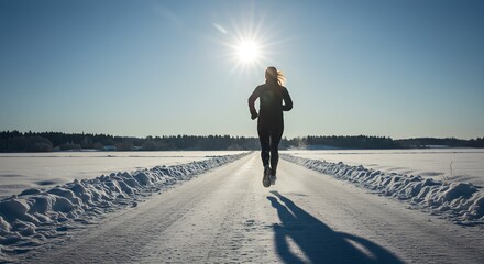 Silhouette of person running on snowy road against a bright sunny sky