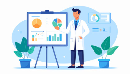 Confident doctor presenting medical data on whiteboard, showcasing analysis and research with charts and graphs, perfect for healthcare and science themes
