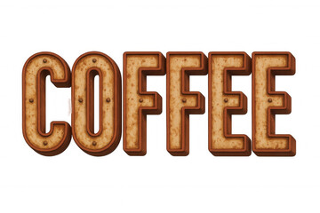 Coffee word marquee sign featuring rusty metal vintage letters and bulb rivets, isolated on transparent background