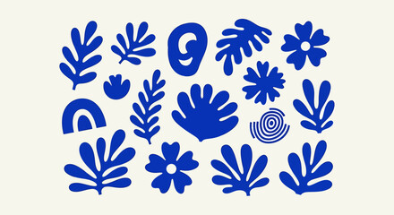 Fototapeta premium Collection of Abstract Blue Botanical Shapes and Floral Elements on Cream Background.