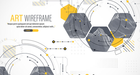 Minimal abstract composition with wireframe mountains, geometric hexagons, dots, and lines.