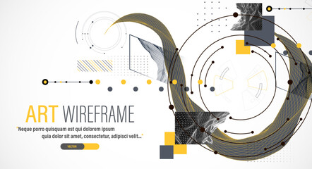 Minimal abstract composition with wireframe waves, geometric shapes, dots, and lines.