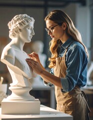 Artist carving a beautiful sculpture in studio.