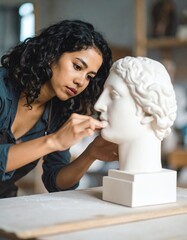 Artist carefully works on a white sculpture.