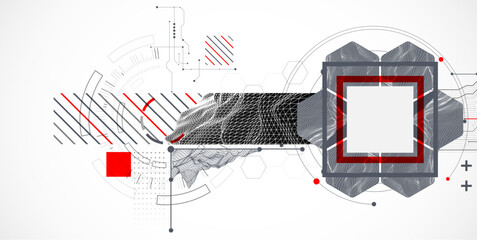 Abstract composition with wireframe mountains, geometric hexagons, dots, and lines.