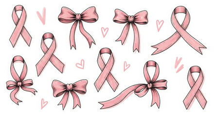 Set of Pink Ribbon Bows and Hearts for Breast Cancer Awareness