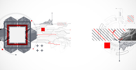 Abstract composition with wireframe mountains, geometric hexagons, dots, and lines.