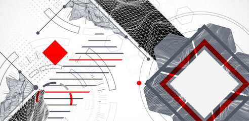 Abstract composition with wireframe mountains, geometric hexagons, dots, and lines.