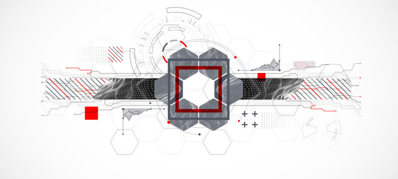 Abstract composition with wireframe mountains, geometric hexagons, dots, and lines.