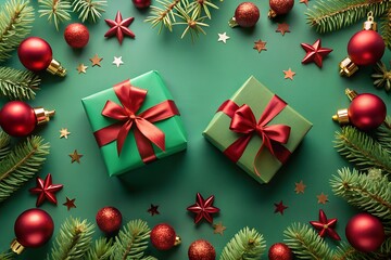 Two green gift boxes with red ribbons, surrounded by festive christmas tree branches, red ornaments, and scattered star confetti on a dark green background