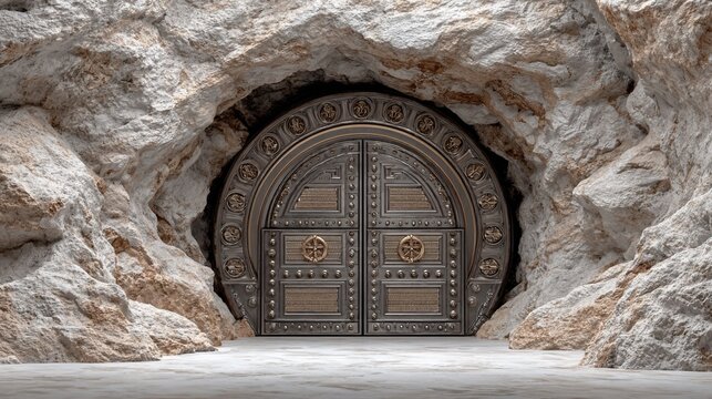 Mysterious ancient gate in a cave entrance, guarding secrets and ancient passageways within a