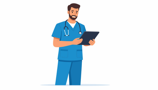 Friendly male doctor in blue scrubs with stethoscope and tablet confidently reviewing patient information for modern healthcare solutions