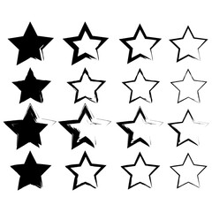 Star shapes collection. Outline celestial elements. Grunge black Vector set. Distressed cosmic symbols.