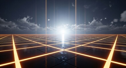 Enter the grid, a futuristic landscape with vibrant glowing lines and dark skies