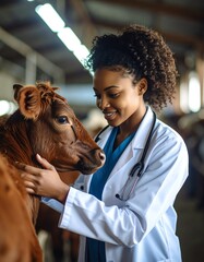 Veterinarian caring for a cow in a barn.