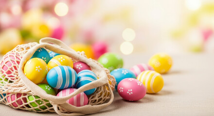 Colorful Easter Eggs in Net Bag with Soft Bokeh Background