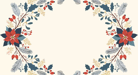 Festive Floral Wreath with Red Poinsettias, Berries, and Decorative Leaves.