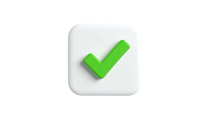 A white, rounded-square with a 3D green checkmark, isolated on black