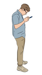 Outline vector illustration of one man with glasses standing and looking intently at his smartphone. Concept of mobile technology and digital focus