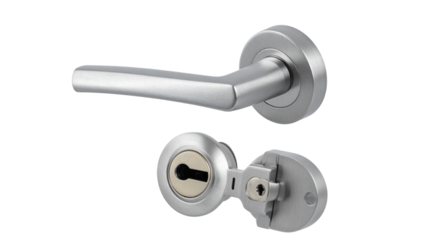 Modern door hardware set with handle and keyhole isolated on transparent background