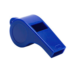 Close-up shot of a blue plastic whistle on a black background, showing its distinct features