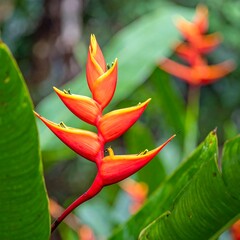 Vibrant red-orange flower in lush green foliage