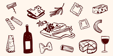 Hand drawn cheese plate rustic pasta lover doodle vector illustration food sketch. Whimsical simple cheese, grapes, rosemary, honey minimalistic vintage retro style graphic elements