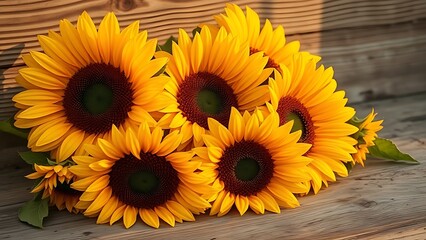 Sunflowers on a rustic wooden surface, warm golden hour light enhancing their natural beauty.