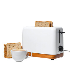 White toaster with browned toast and a coffee cup; breakfast scene isolated on black