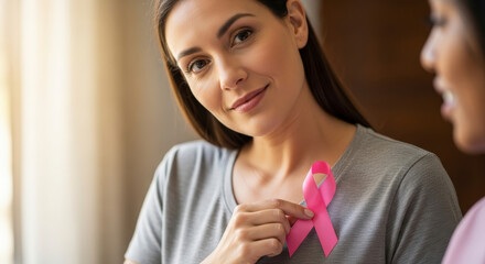 Two women looking at each other one wearing a pink ribbon for breast cancer awareness month