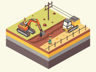 Industrial underground wiring scene in isometric style with electrical engineer, technicians, excavator, and protective conduit piping for cable installation.