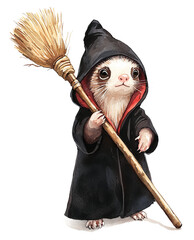 Whimsical Ferret Wizard with Broomstick