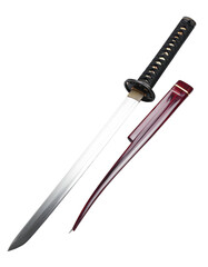 A katana with scabbard, isolated against black; highly detailed, showing the blade's gleam